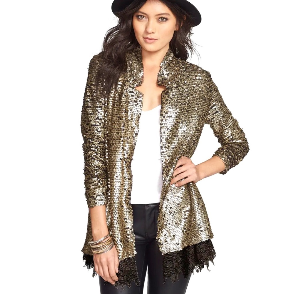 FREE PEOPLE Stardust Lace Tarnished Sequin Boho Jacket Women’s Size XS